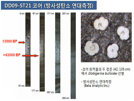 사진 3. 주상시료를 이용한 기후변화의 연구. 연대측정과 퇴적물 중에 포함된 유공충 각에 대한 동위원소 측정을 통해 과거의 기후변화를 복원한다.