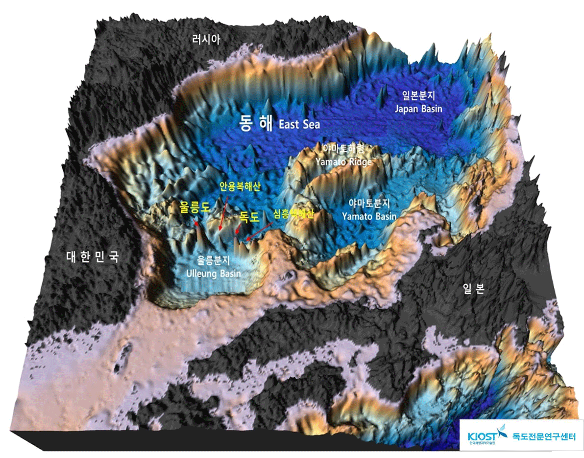 독도 울릉도 및 주변해산들을 포함하는 울릉분지 3차원 해저지형도